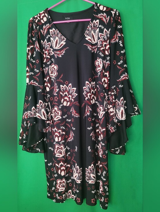 MSK Dresses & Skirts - MSK Black Dress Floral Bell Sleeve Formal Flare Church Sz Small